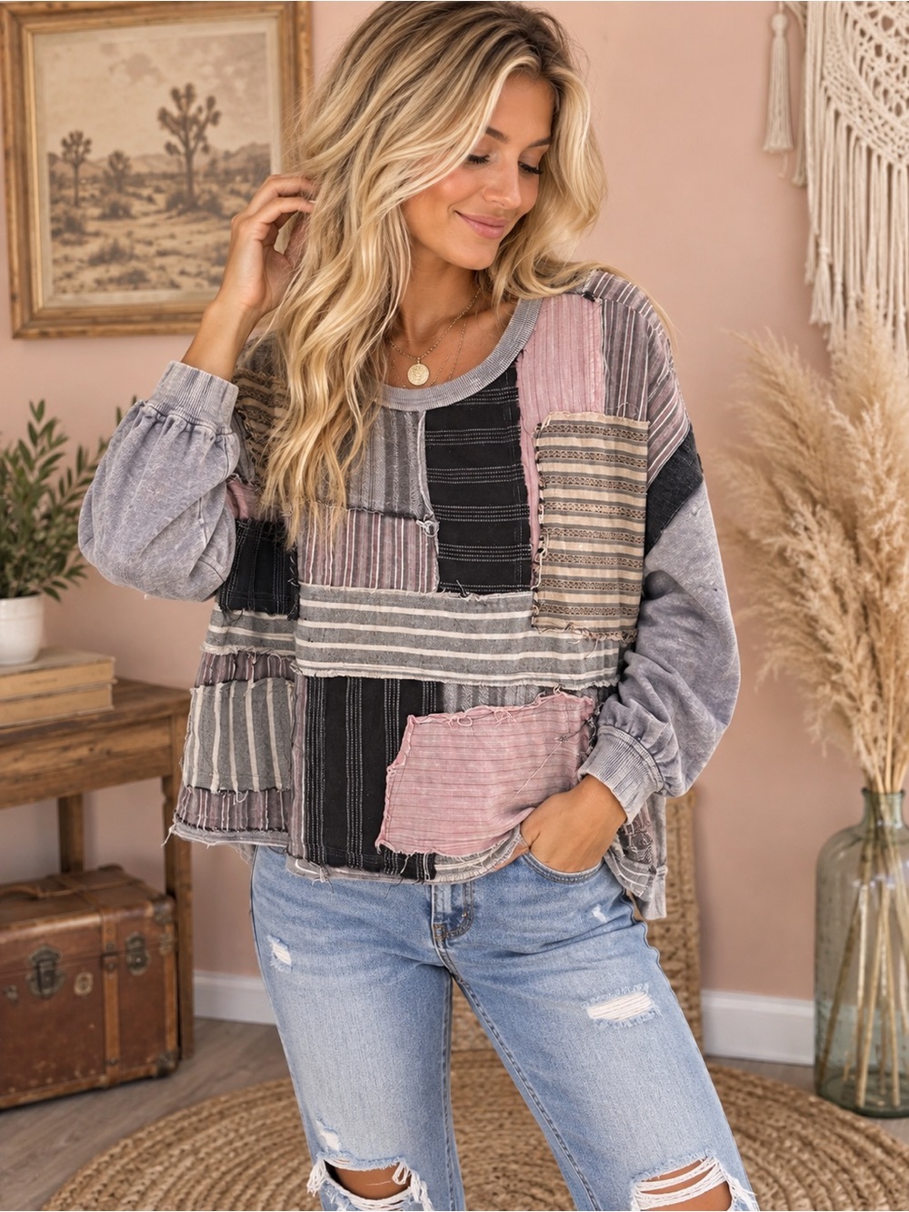 Oli & Hali Pink and Gray Patchwork Pullover Boho Aesthetic